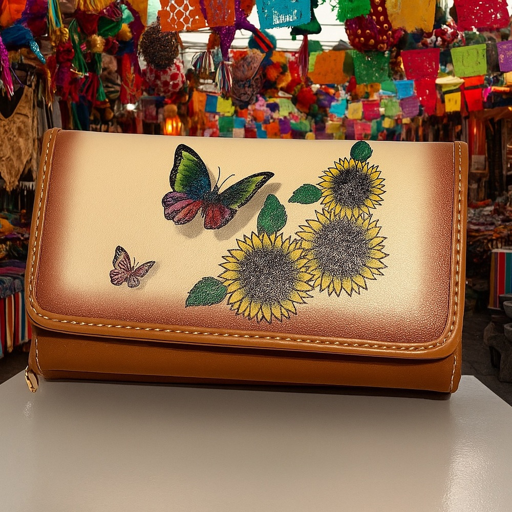 New Artisan Sunflower and Butterfly Mexican Women's Clutch - Cartera de mano